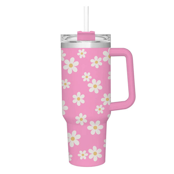 Tumbler | Pink Daisy 40oz - Insulated Tumbler w/Lid & Straw