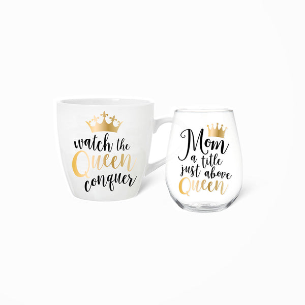 Mug + Wine Glass Set | Mom Queen